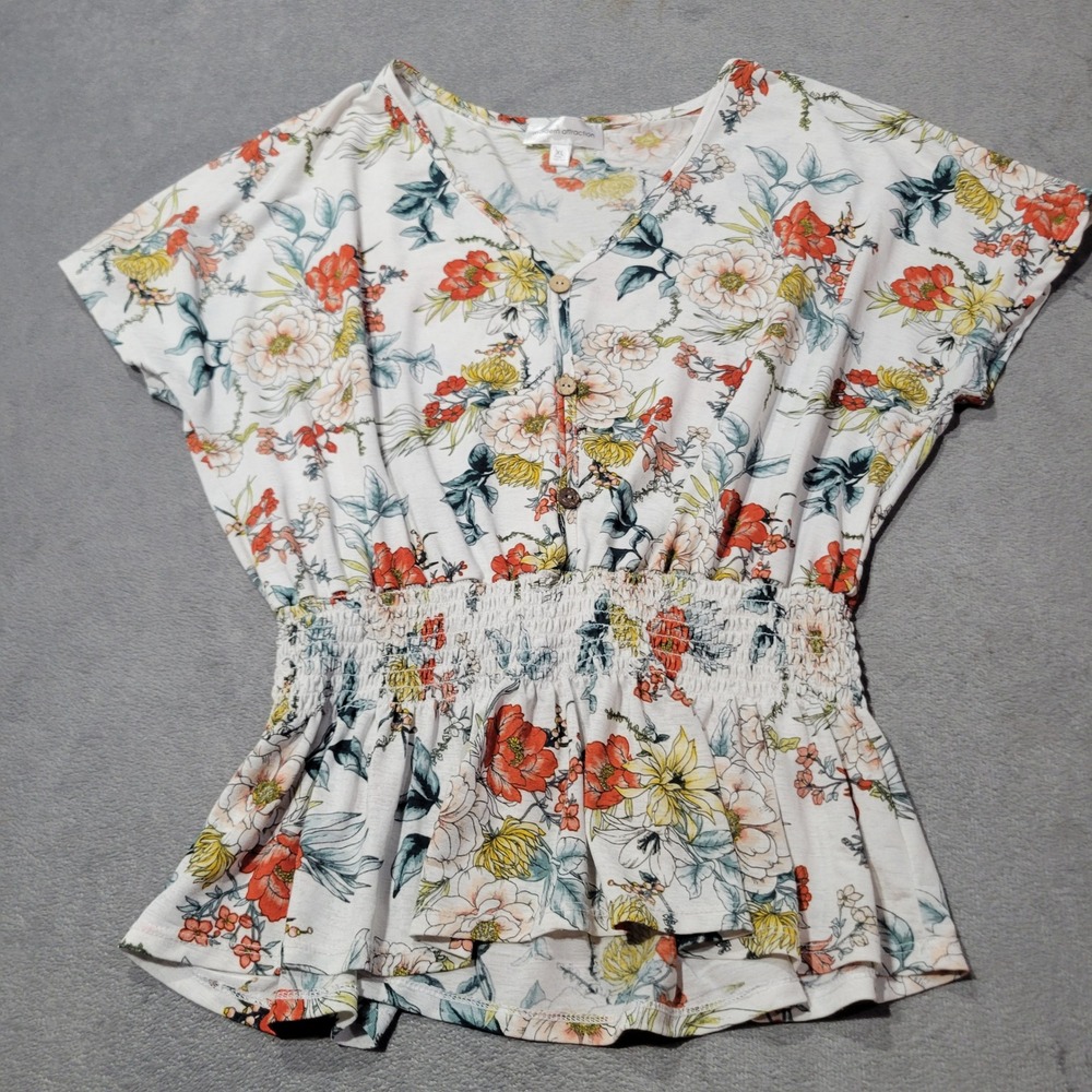 Modern Attraction Peplum Top Womens XL White Floral Smocked Waist V-Neck Blouse